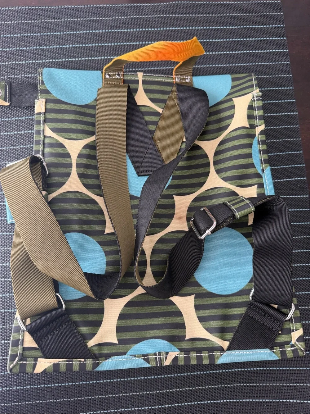 Orla Kiely Rare Calypso Green Blue Coated Canvas Flat Pack Backpack